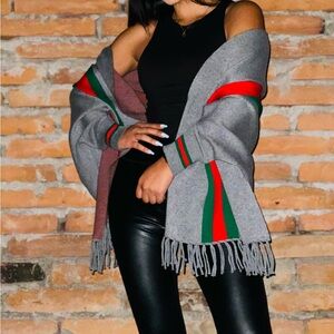 Stylish Gray and Red Women's Poncho